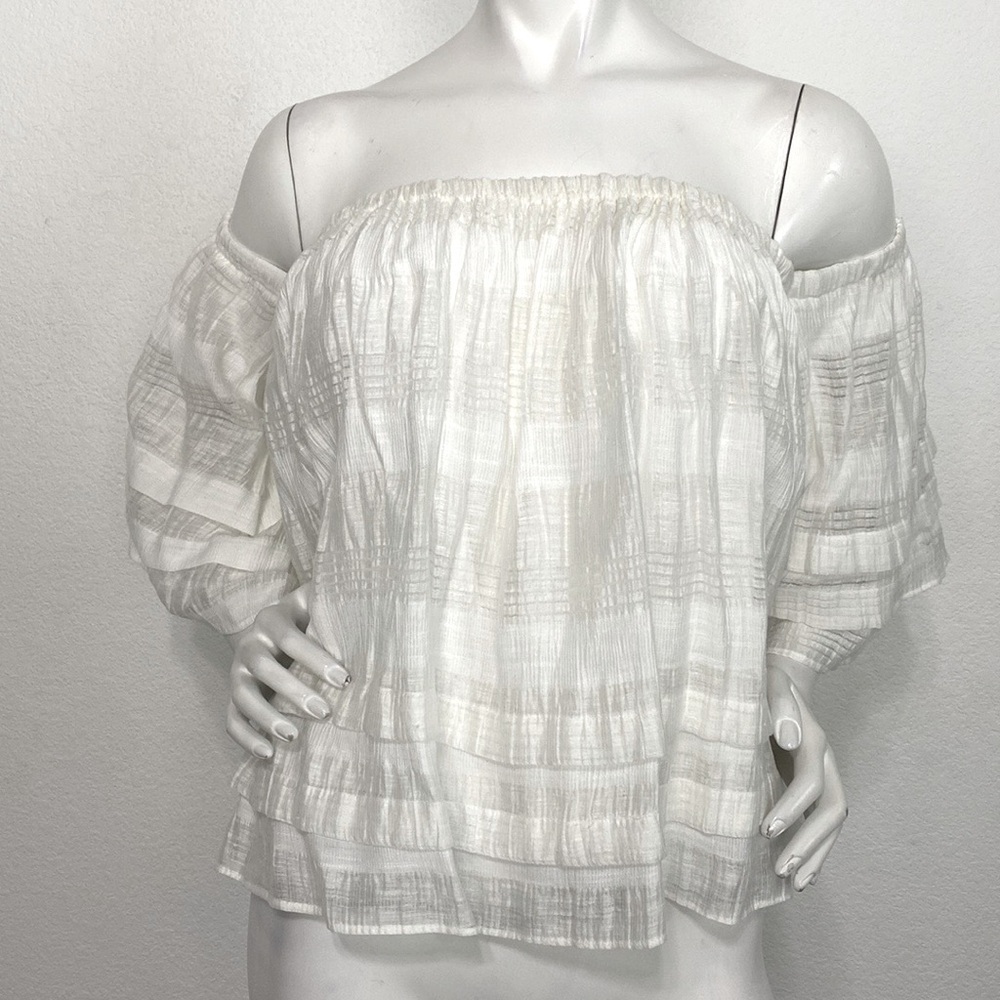 J.O.A. White Bohemian Coastal Cowgirl Off The Shoulder Tiered Linen Blend Top *S